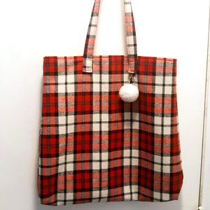 Plaid Tote w Pom Keychain EUC